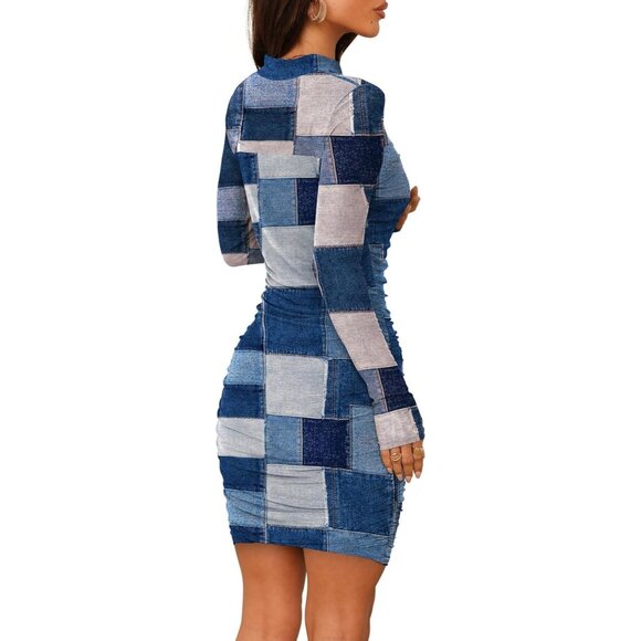 Women's Blue White Print Long Sleeve Ruched Bodycon Neck Mini Party Dresse - Picture 5 of 5